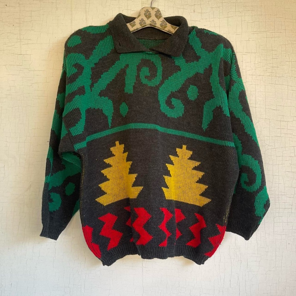 Rad vintage green yellow and red Christmas sweater.